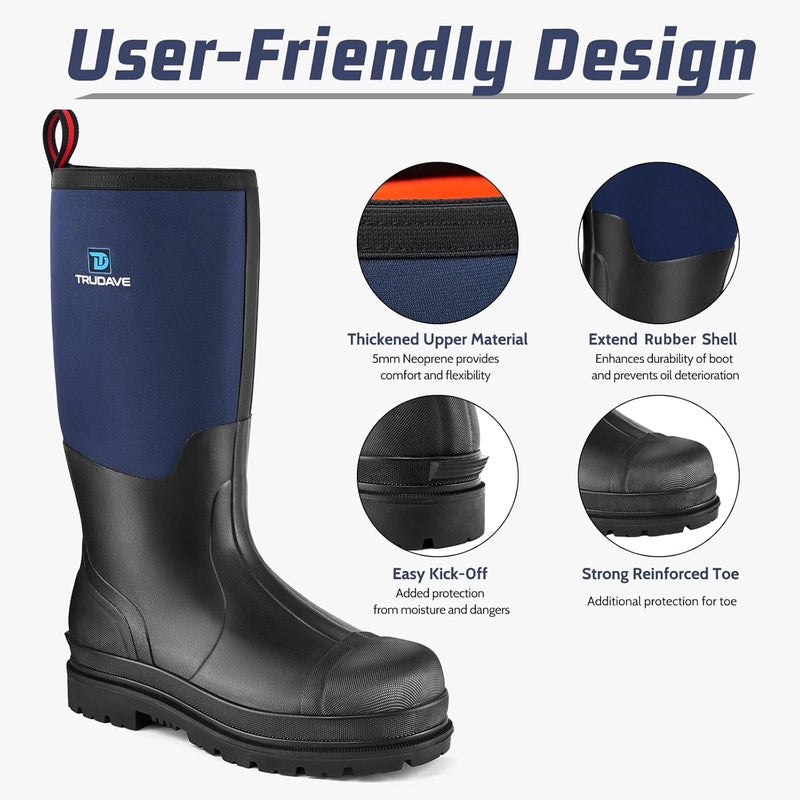 Trudave Store Rubber Work Boots with Steel Shank, Men's Waterproof Rain Boots Anti-slip, 5mm Neoprene Insulated Outdoor Hunting Boots, Durable All Season Knee Boots for Farming Construction Gardening Size 6-14 - Image 3